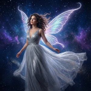 一位身穿銀色長袍、擁有發光翅膀的仙子，漂浮在佈滿星辰的宇宙星雲中。