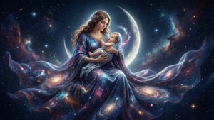 一位母親身穿流暢的星系主題長袍，在繁星點點的宇宙背景下懷抱著她的嬰兒。