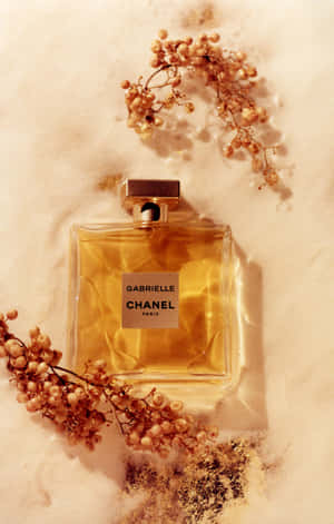 米色背景上，Chanel Gabrielle 香水瓶與水中的乾燥漿果。 — Galaxy Tab S 壁紙