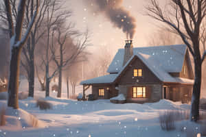 雪地冬季森林中的舒適小屋，帶有溫暖燈光和煙囪冒出的煙