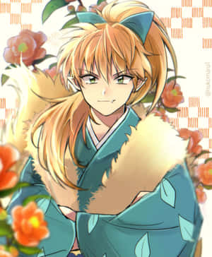 穿著青綠色和服的動漫女孩，周圍有橙色花朵，溫柔地微笑。 — Galaxy Z Fold 5 壁紙