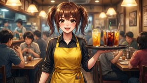 穿著黃色圍裙的動漫女侍應在繁忙的餐廳中提供冰飲。