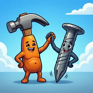 微笑的錘子和螺絲在藍天白雲下牽手。