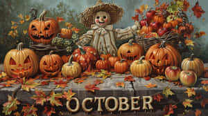 一個稻草人被南瓜、蘋果和秋葉包圍，帶有'OCTOBER'文字。 — 秋天 壁紙