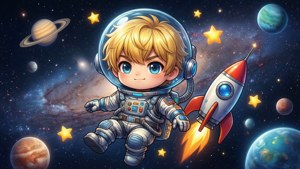 一個Q版太空人在太空漂浮，手持火箭船，周圍環繞著行星和星星。