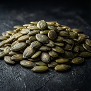 深色石面上的綠色南瓜籽堆