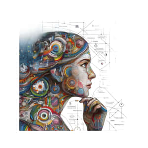 一個女人的側面，帶有色彩繽紛的大腦設計和技術示意圖，覆蓋在她的頭部和手上。