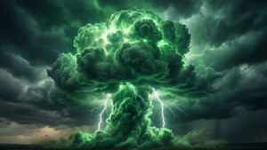 一場大規模的綠色閃電風暴，閃電穿過黑暗的雲層，擊打在平坦的景觀上。