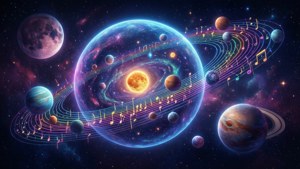 行星圍繞太陽運行，音符在銀河中流動。