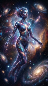 一位擁有銀河皮膚的女性在旋轉的星系和星星之間漂浮。