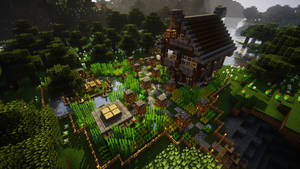 一個Minecraft村莊，森林中有木屋和發光的燈籠。
