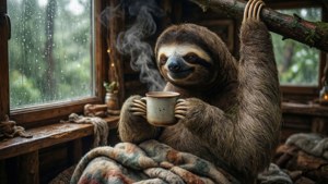一隻裹著毯子的樹懶在下雨的小屋內拿著冒煙的杯子。