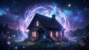 在星空夜景中，一座發光的房子在宇宙漩渦下，伴隨著神奇的花朵。