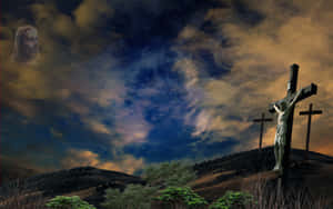 在暮色天空下的小山上的釘十字架場景，有新月和雲中幽靈般的面孔。