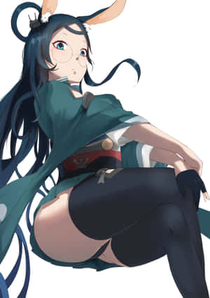 動漫女孩戴著兔耳朵和眼鏡，穿著青綠色服裝，俏皮地坐著。 — iPad 第10代 壁紙