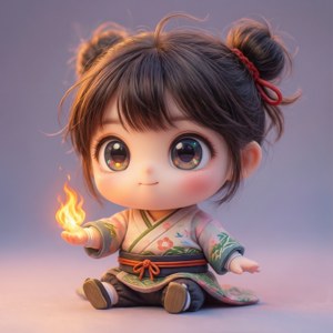 一個穿著花卉和服的Q版動漫女孩，手中握著一小團火焰。 — Pixel Watch 壁紙