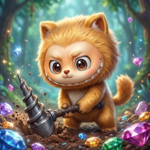 一隻卡通小獅子在森林中挖掘彩色寶石。