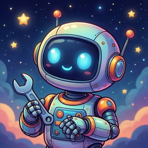 一個友好的機械人在星空和彩色雲朵下拿著扳手。