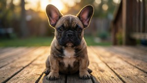 一隻法國鬥牛犬BB喺日落時坐喺木製露台上。