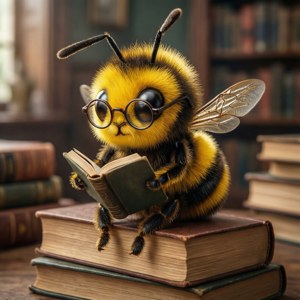 一隻戴著眼鏡的毛茸茸蜜蜂在圖書館裡堆疊的書籍上閱讀一本書。 — Pixel Watch 壁紙