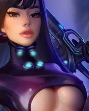 身穿紫色套裝的 cyberpunk 動畫女性，手持帶有發光藍色元素的未來武器。 — 暴力傳奇 壁紙
