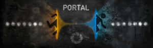 兩個發光傳送門，有跳躍的人物，深色紋理背景，帶有「PORTAL」字樣。 — 雙螢幕 壁紙
