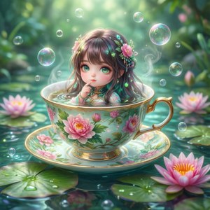 動漫女孩坐在花朵茶杯中漂浮在蓮花池塘上，伴有泡泡 — Pixel Watch 4 壁紙