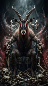 紅眼惡魔山羊坐在被頭骨和骨頭包圍的王座上。