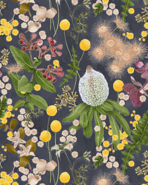 植物插圖，以深海軍藍背景襯托黃色花朵、綠色葉片和帶紋理的花朵。 — 叢林動圖 壁紙