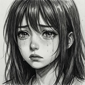 一位年輕女性哭泣，淚水從眼中滴落，以詳細的鉛筆素描呈現。