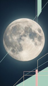 滿月與柔和色調的幾何形狀，襯托著黑暗的夜空。
