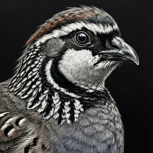 鳥的特寫插圖，帶有詳細的羽毛和專注的眼睛。 — Pixel Watch 4 壁紙