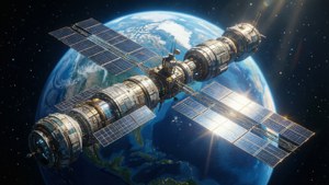 一個太空站繞地球運行，太陽能板反射太陽光。