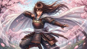身穿盔甲的武士被飄落的櫻花環繞。