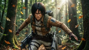 動漫士兵在森林中，有落葉和陽光。