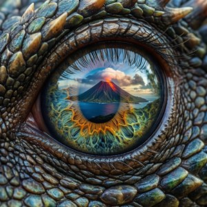 龍眼特寫，反射出日落時分海上的火山噴發。