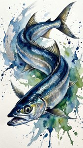 一條跳躍的藍色魚，以水彩繪製，帶有綠色和藍色飛濺。