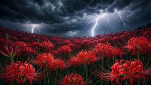 在暴風雨的天空下，彼岸花伴隨閃電盛開。
