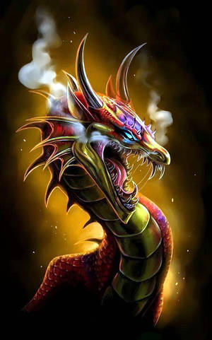 一隻火龍，眼睛發光，鼻孔呼出蒸氣。