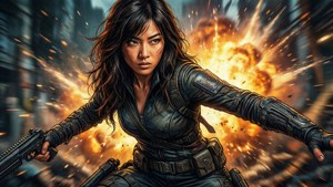 一名堅定的女兵開槍射擊，身後的城市中爆發爆炸。