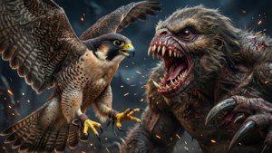 一隻遊隼在激烈的對抗中面對一頭怪獸。