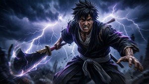 憤怒的動漫戰士在雷雨中揮舞著發光的斧頭。