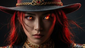 一位擁有發光紅眼和紅髮的女性，戴著裝飾帽子和金項鍊。