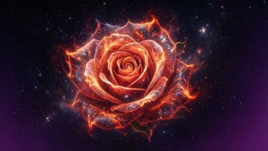 一朵由火焰和星星組成的發光宇宙玫瑰漂浮在深紫色的銀河中。