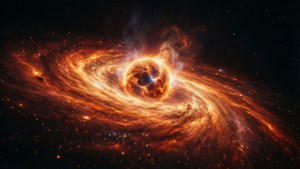 一個宇宙場景，一顆發光的星位於熾熱旋轉吸積盤的中心。