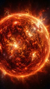 一顆熾熱的太陽，在星羅棋布的太空背景下，帶有熾熱的等離子體和太陽耀斑。