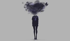 一個穿著校服的人，頭頂有一團煙霧和碎片。