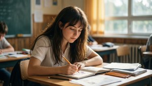 青少年女孩喺教室嘅書枱上學習，陽光透過窗戶照射入嚟。