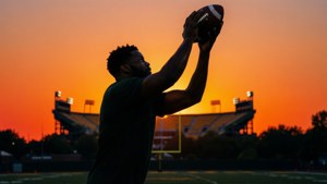 足球運動員在夕陽下的球場上接球。