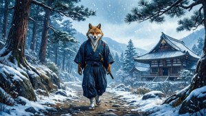 一隻穿著藍色和服的狐狸走向雪林中的寺廟。
